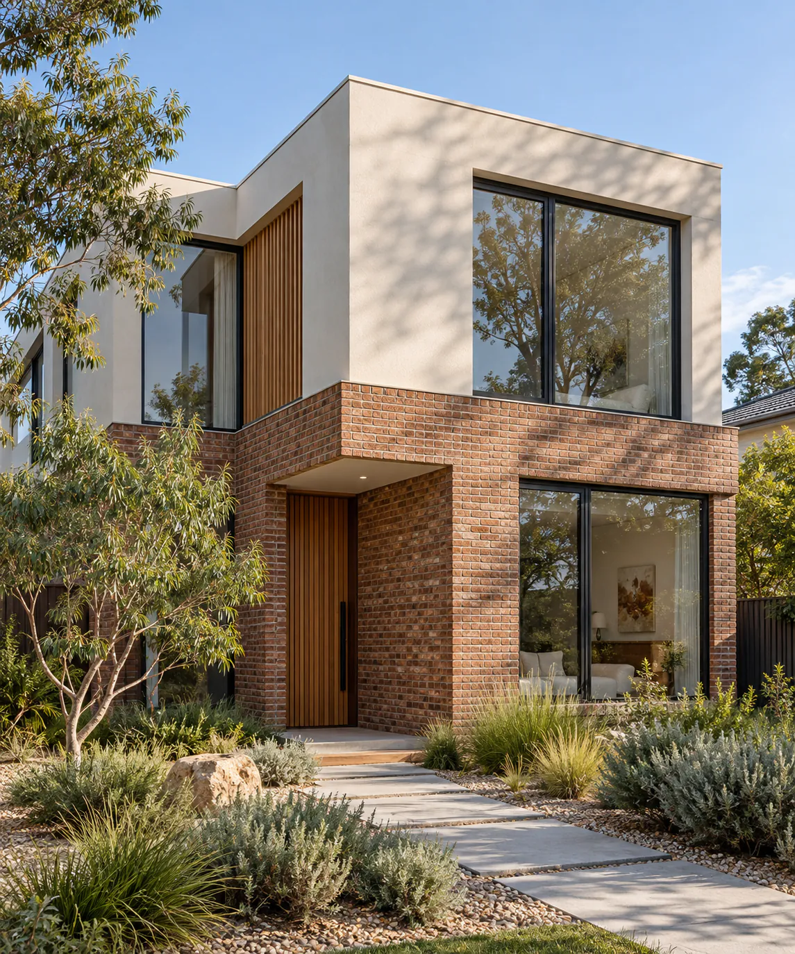 Architectural concept of a warm brick and pale-render home with timber detailing and a planted entrance.