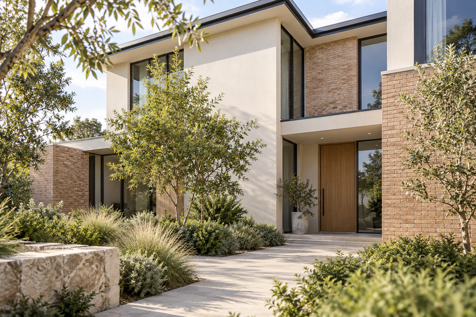 AI-generated architectural concept of a contemporary warm brick and ivory house set in a planted courtyard.