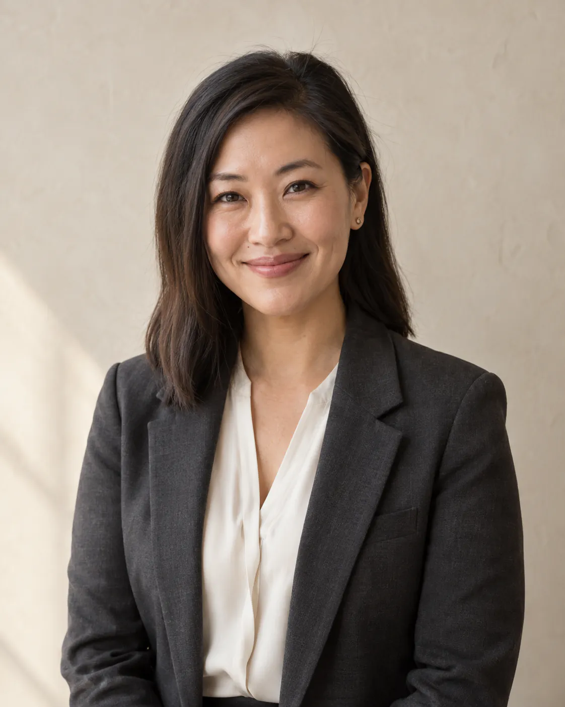 AI-generated placeholder portrait of a fictional team member wearing a charcoal blazer and ivory blouse.