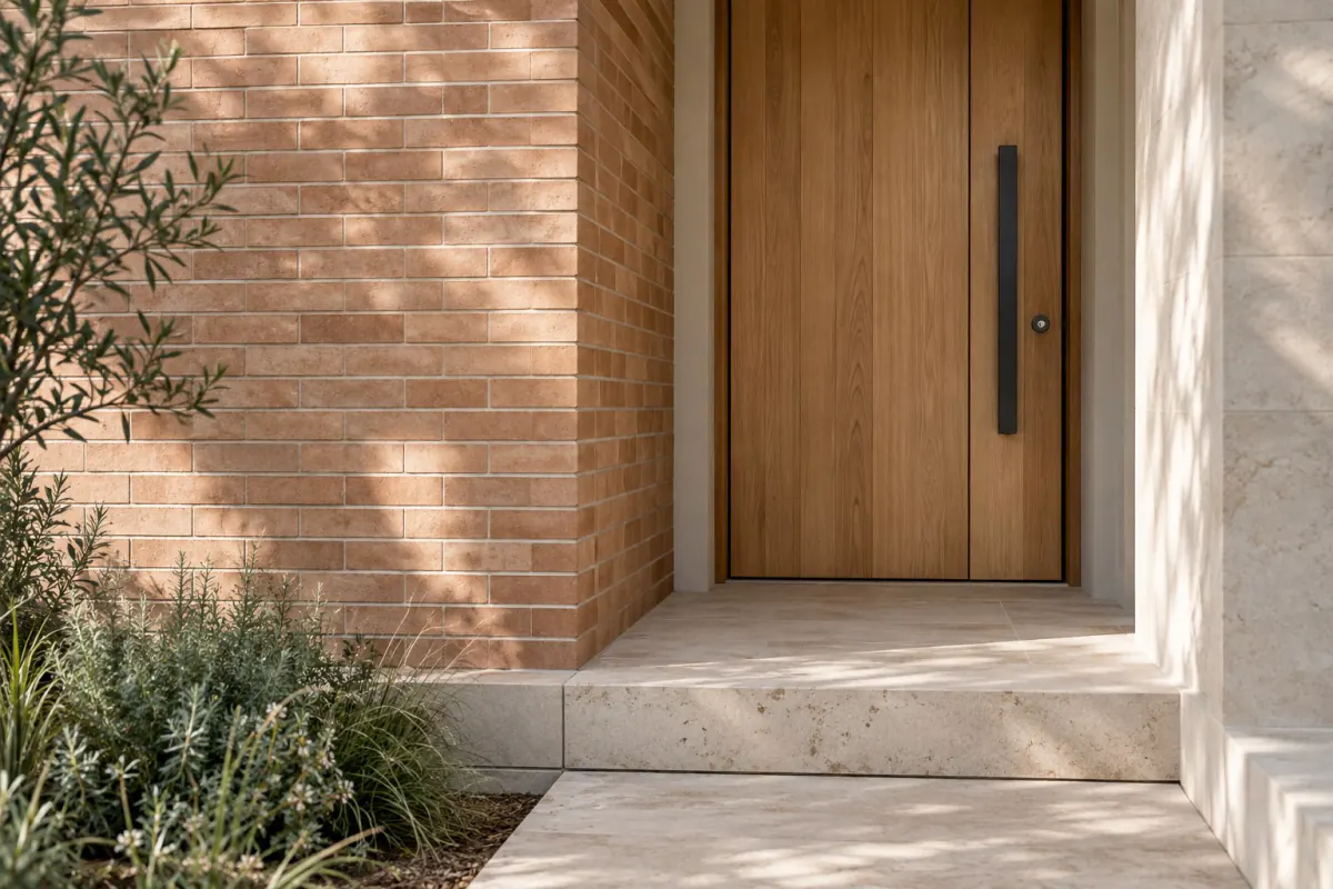 AI-generated architectural detail of a terracotta brick entrance, a timber door and pale limestone steps.
