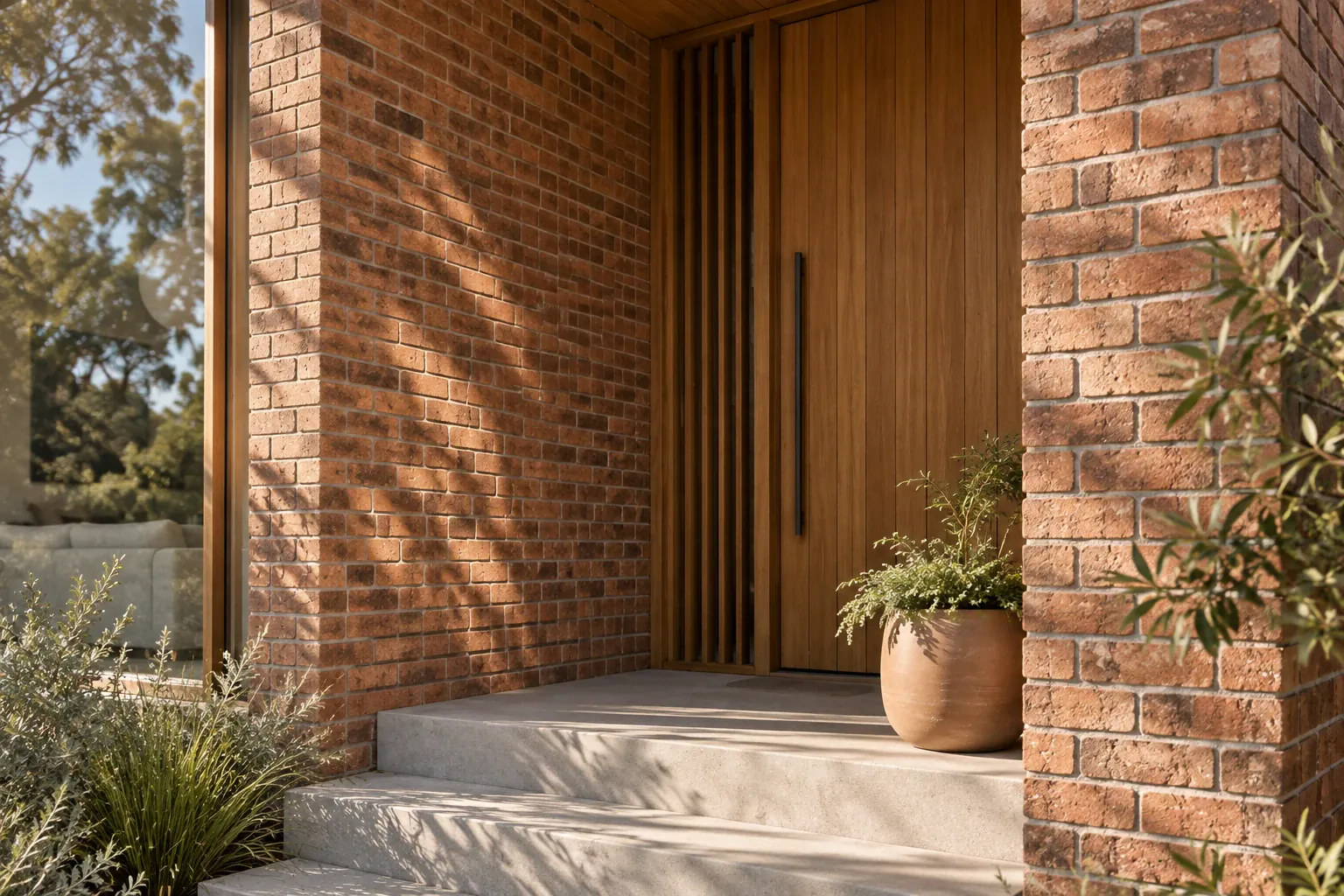 AI-generated architectural detail of a brick entry and timber front door in natural daylight.