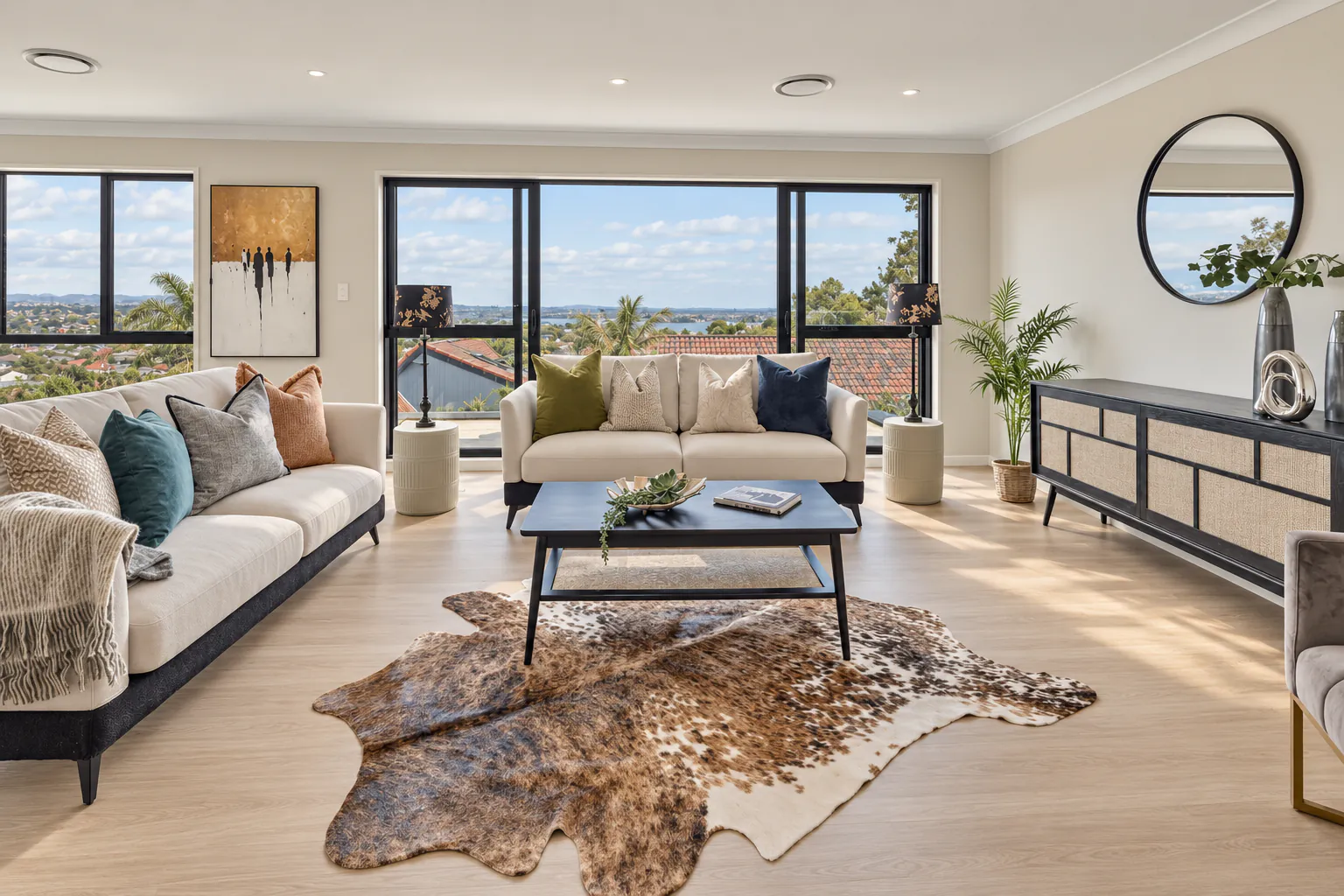 AI-retouched project photograph: the living room with cream sofas, a dark coffee table, timber flooring and large windows at Bucklands Beach 26.