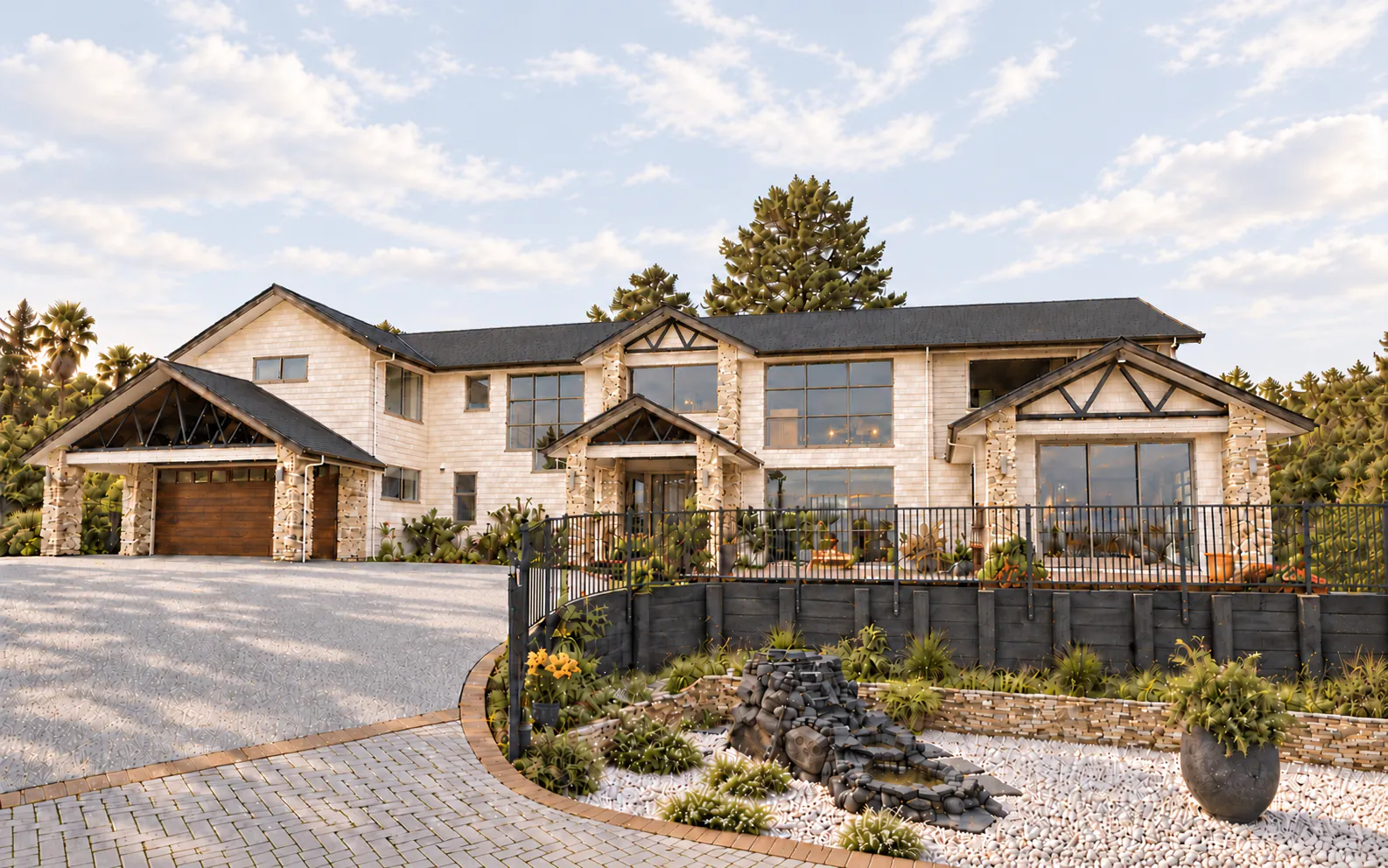 AI-retouched project photograph: the Whitford home with pale cladding, stone columns, timber garage doors and landscaped grounds.