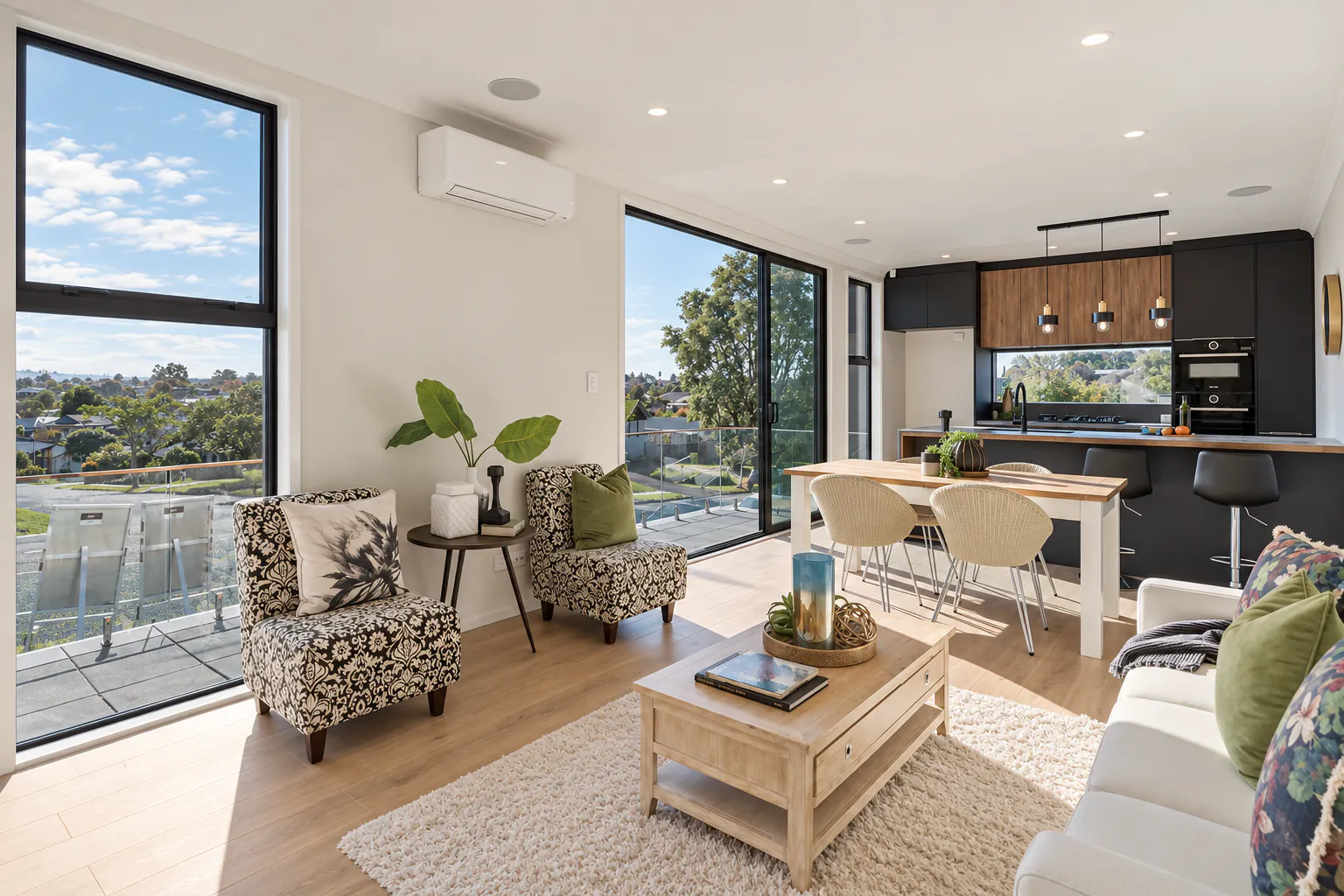 AI-retouched project photograph: the Bucklands Beach living and dining area, opening to a balcony, with the kitchen beyond.