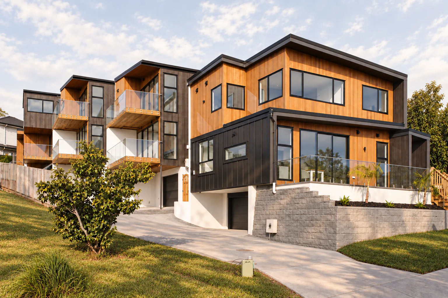 AI-retouched project photograph: an overall view of the four-home Bucklands Beach development, with cedar and charcoal exteriors, balconies and a shared driveway.