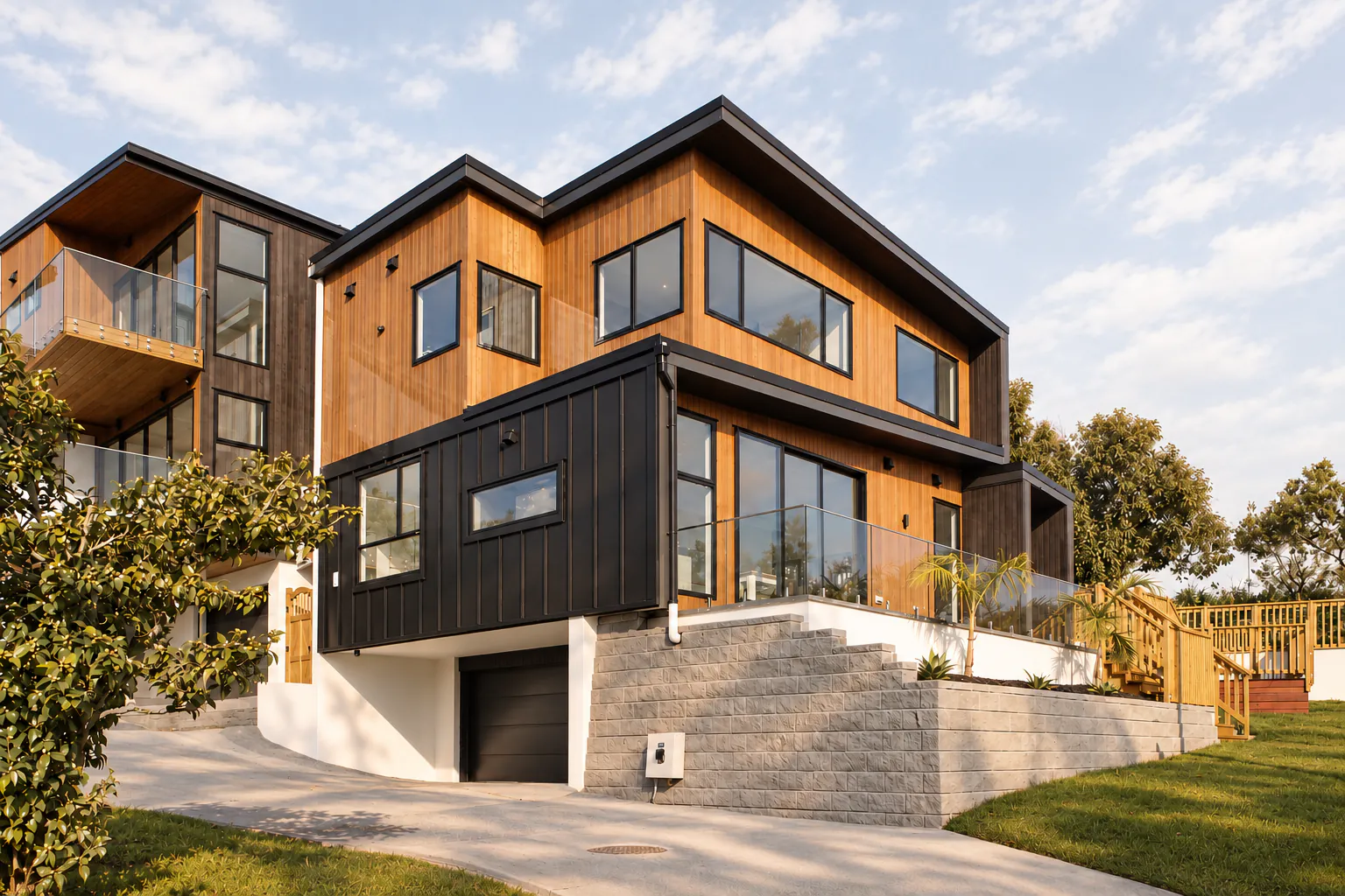 AI-retouched project photograph: cedar and charcoal-clad homes at Bucklands Beach, with balconies, garage and retaining walls.