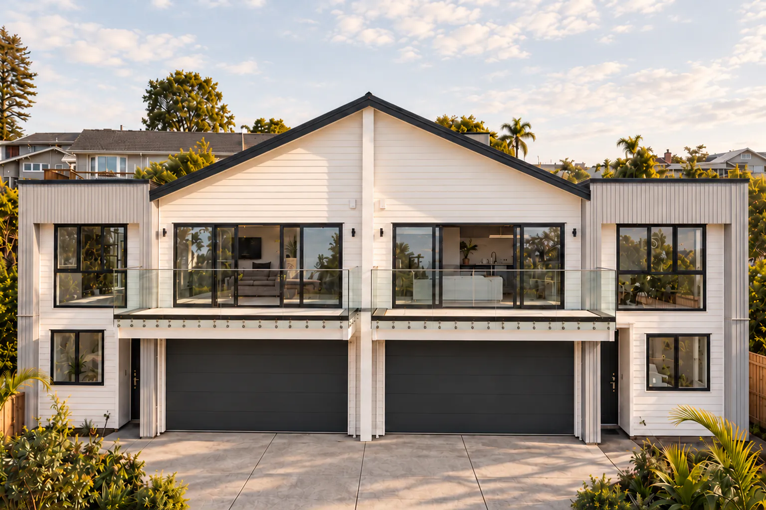 AI-retouched project photograph: the Bucklands Beach 26 homes with warm pale cladding, glazed balconies and charcoal garage doors.