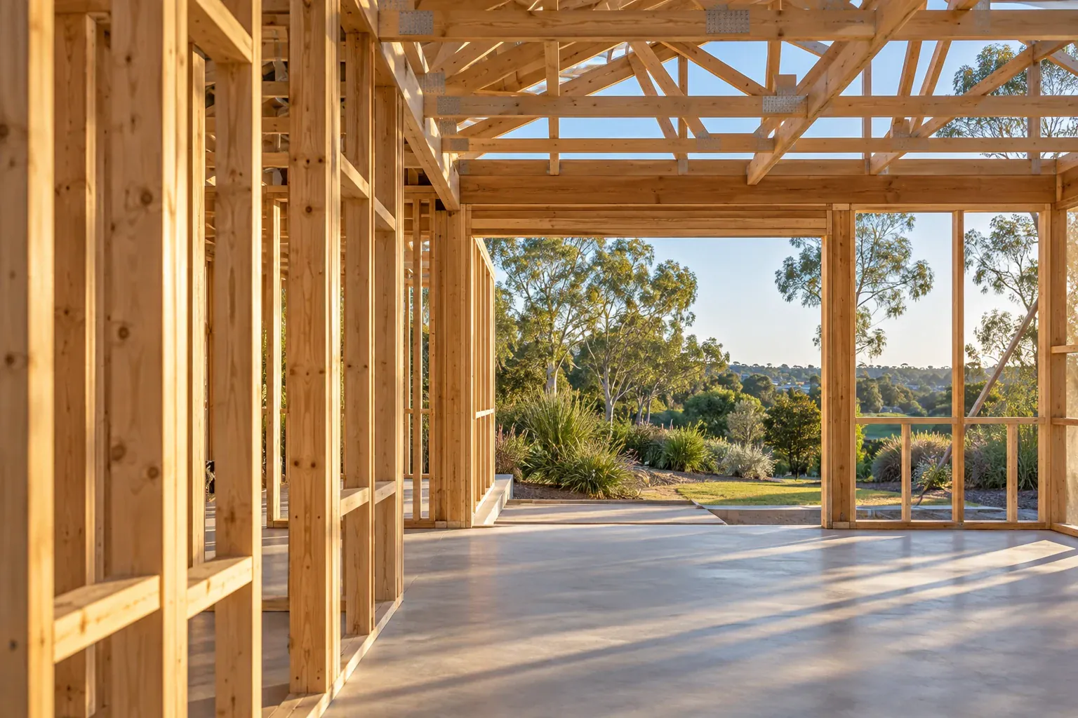 Illustrative timber-framed residential construction, opening onto a sunlit garden. AI-generated concept.