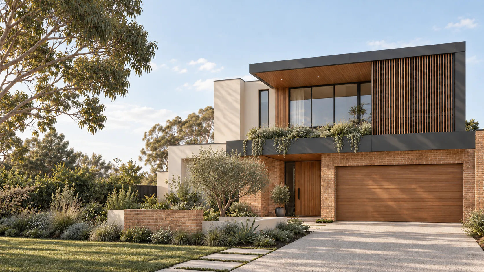 AI-generated concept of a contemporary Australian home with warm brick, charcoal cladding and timber detailing.