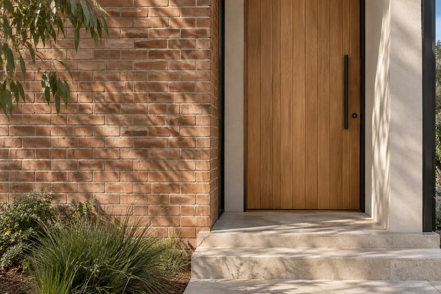 AI-generated architectural concept showing a carefully detailed brick entry, pale stone steps and a natural garden.