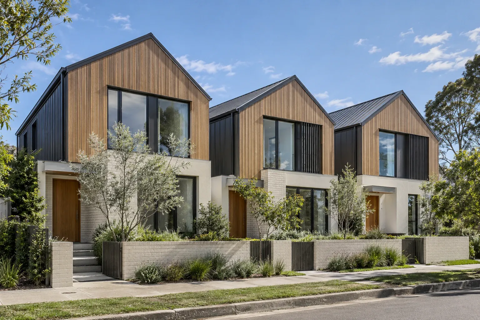 AI-generated architectural concept of three carefully detailed timber and charcoal townhouses.