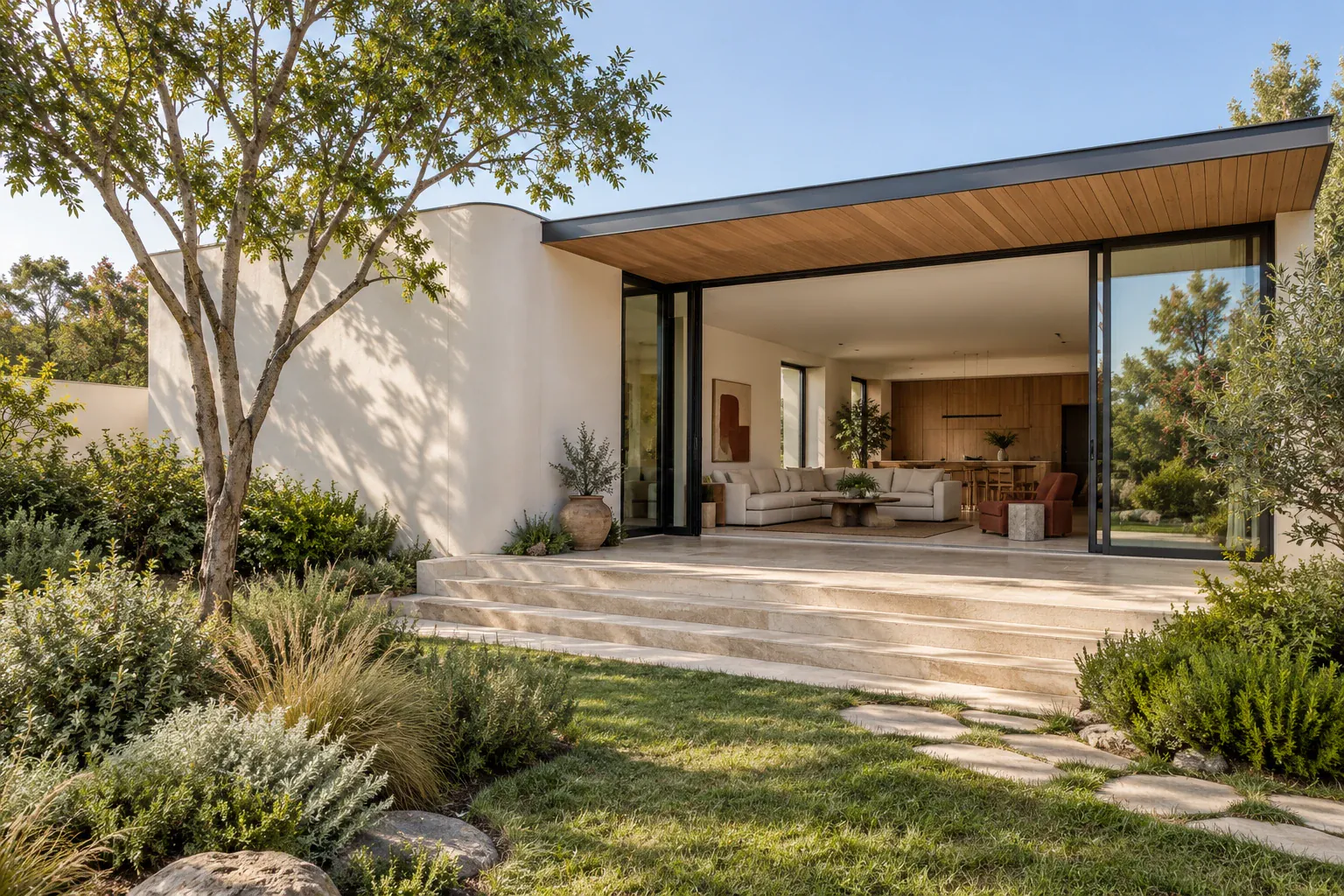 AI-generated concept of a light-filled courtyard home with timber glazing and a seamless connection to the garden.