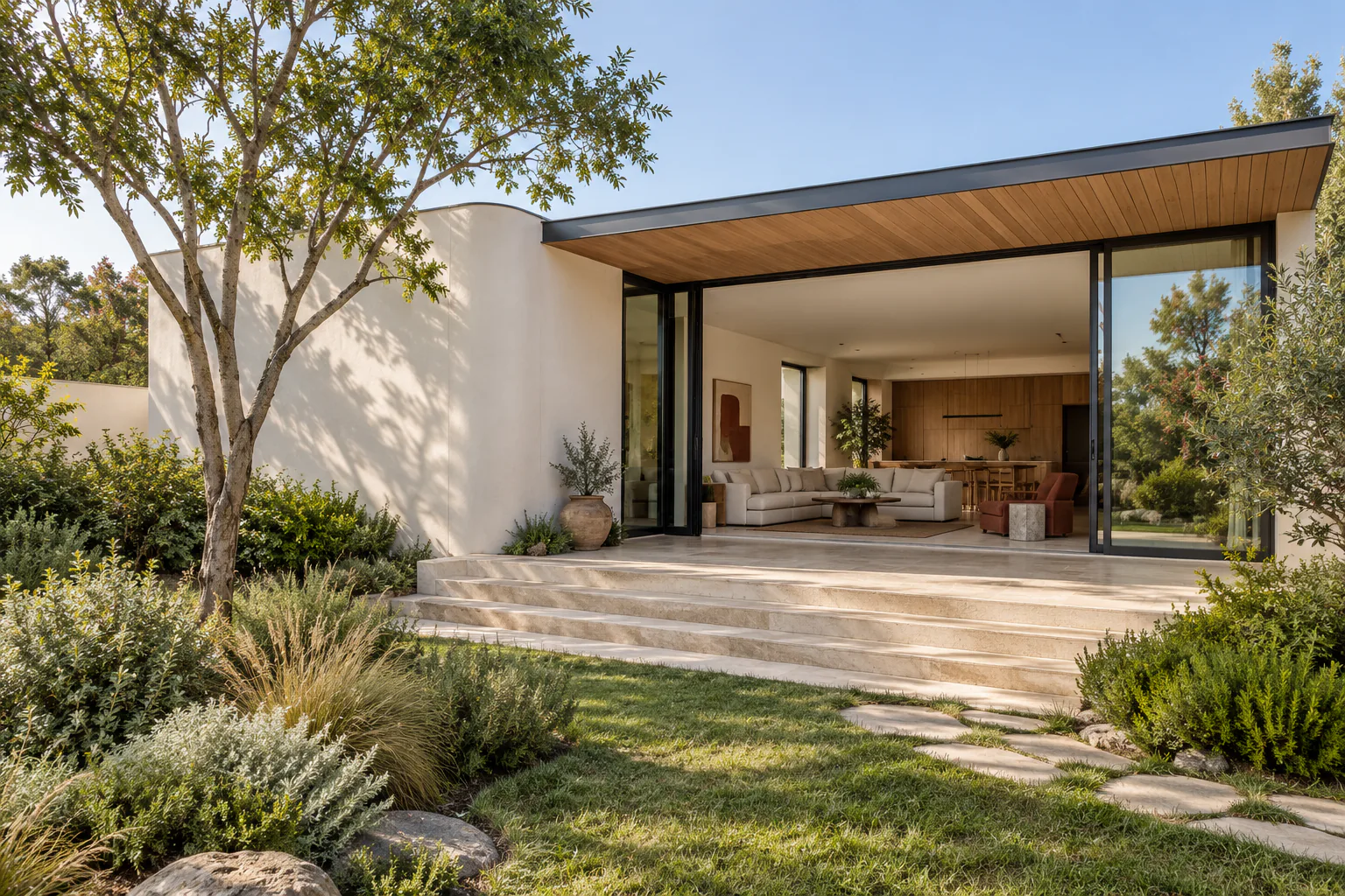 AI-generated architectural concept of a light-filled courtyard residence opening onto a native garden