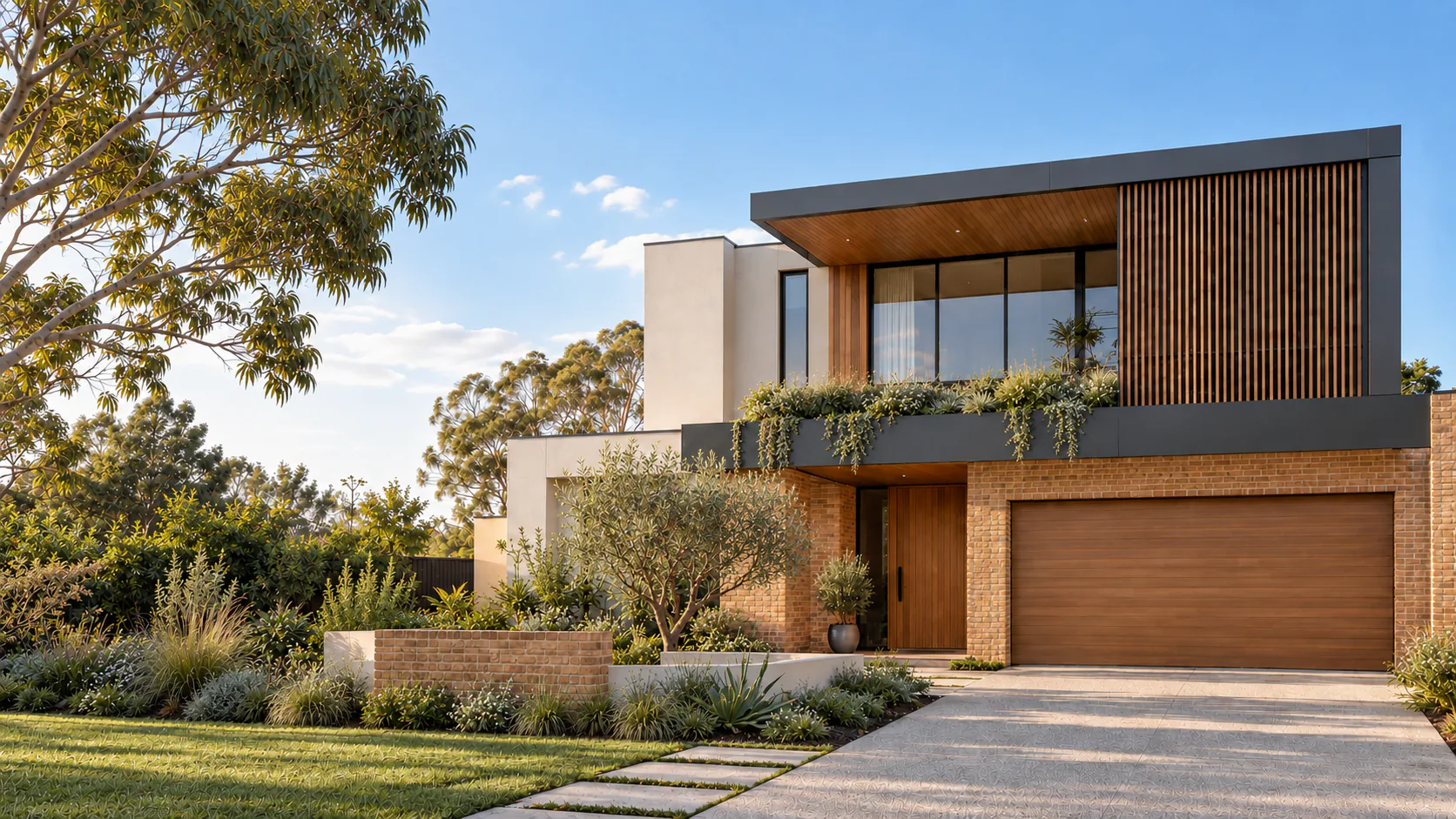 AI-generated architectural concept of a contemporary Australian residence with timber, charcoal metal and warm brick, shown in natural daylight