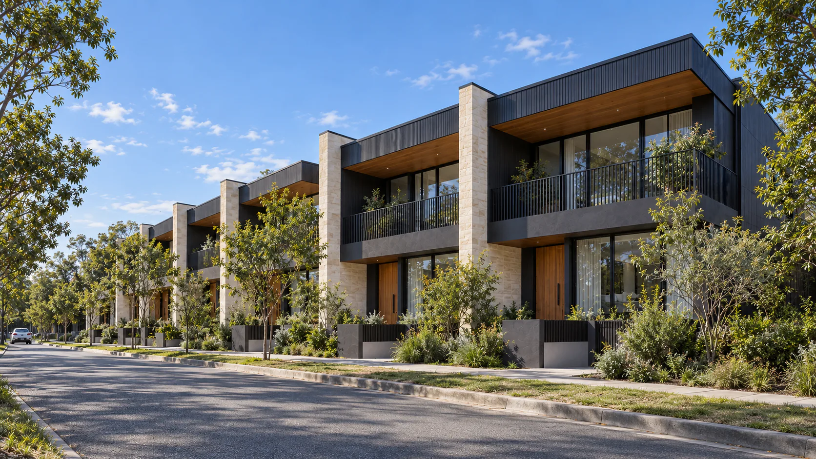 AI-generated architectural concept of contemporary two-storey townhouses with charcoal cladding, pale stone piers and warm timber soffits in late-afternoon light