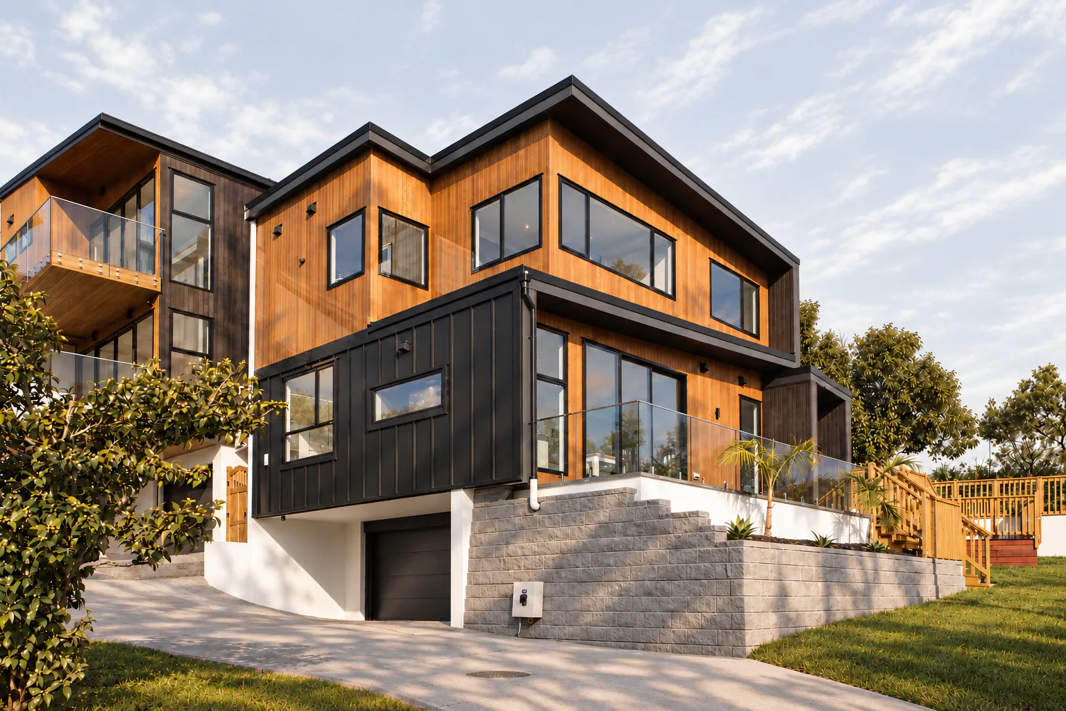 AI-retouched project photograph: cedar and charcoal homes in Bucklands Beach, with a muted grey-blue sky and soft dappled sunlight across the front lawn and driveway.